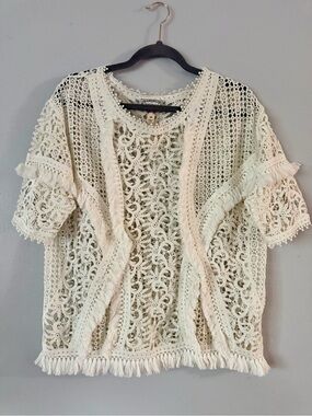 Anthropologie Yoana Baraschi White Crochet Fringe Lace Boho Top M